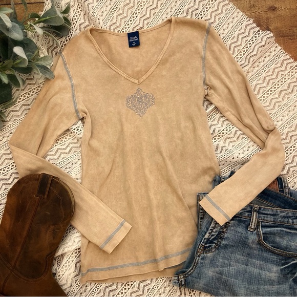 High Sierra Tops - High Sierra Tan Long Sleeve Tee with Reverse Stitching + Delicate Crystals